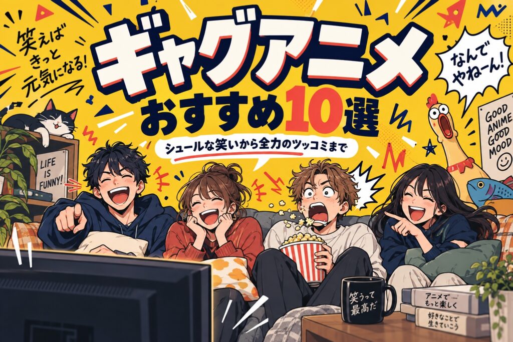 ギャグアニメおすすめ10選。シュールな笑いから全力のツッコミまで、テレビを囲んで笑うオリジナルキャラクターのイラスト。