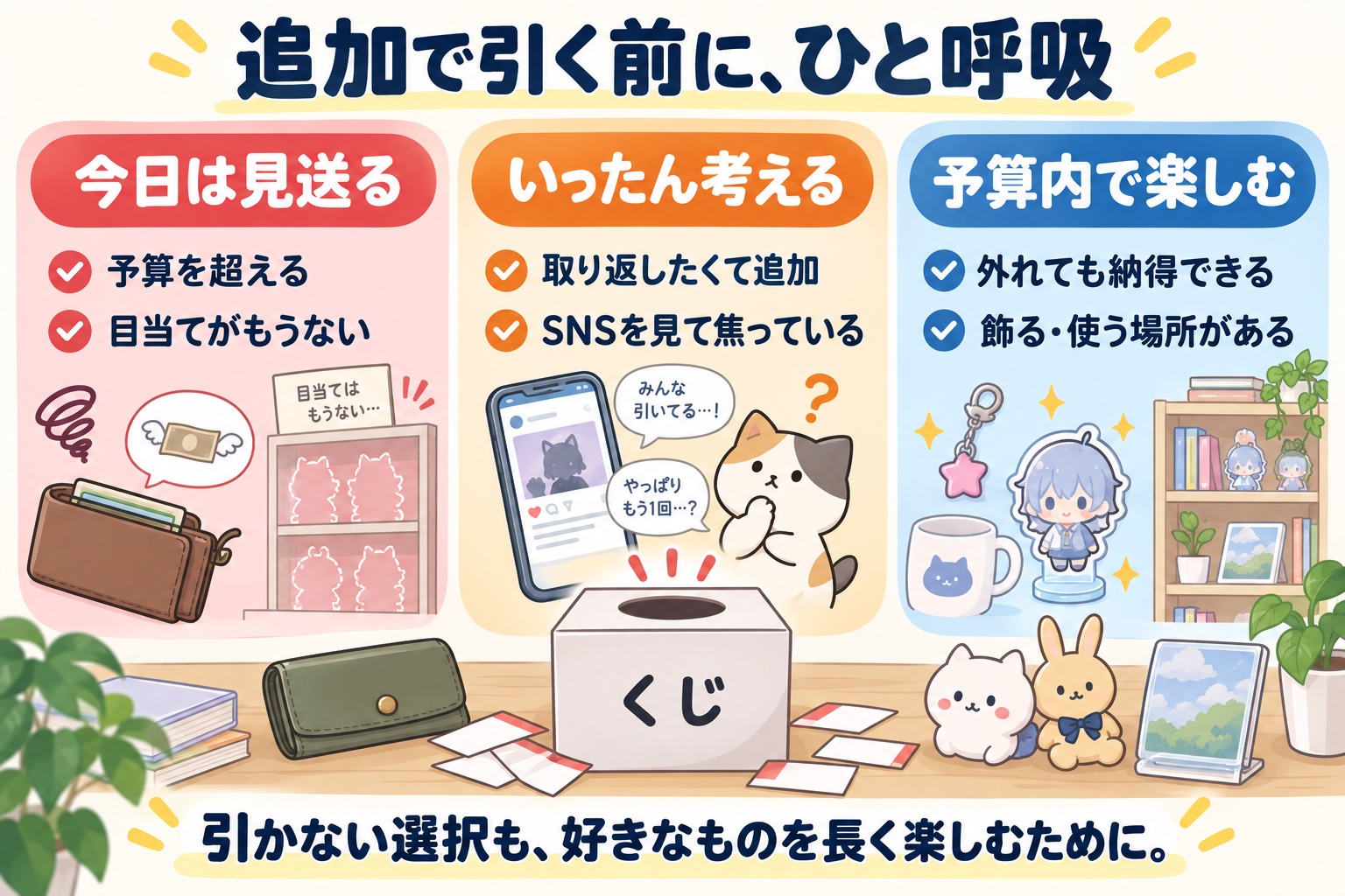追加で一番くじを引く前の判断基準。予算超過や目当てなしなら見送り、取り返したい気持ちやSNSの焦りがあればひと呼吸する。