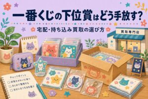ラベンダーの背景に、下位賞を整理して宅配・持ち込み買取を考えるイラスト