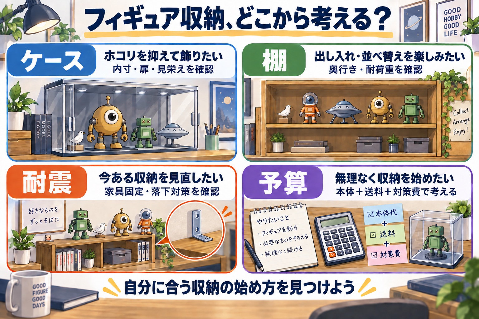 ケース・棚・耐震・予算の4つから、自分に合うフィギュア収納の始め方を考える図解。
