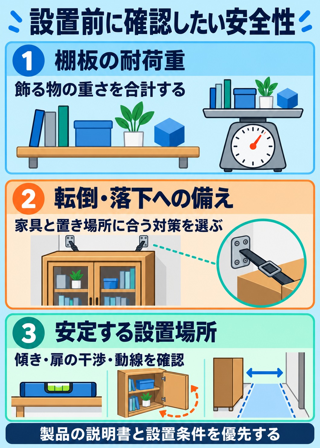 設置前に確認したい安全性。棚板の耐荷重：飾る物の重さを合計する。転倒・落下への備え：家具と置き場所に合う対策を選ぶ。安定する設置場所：傾き・扉の干渉・動線を確認