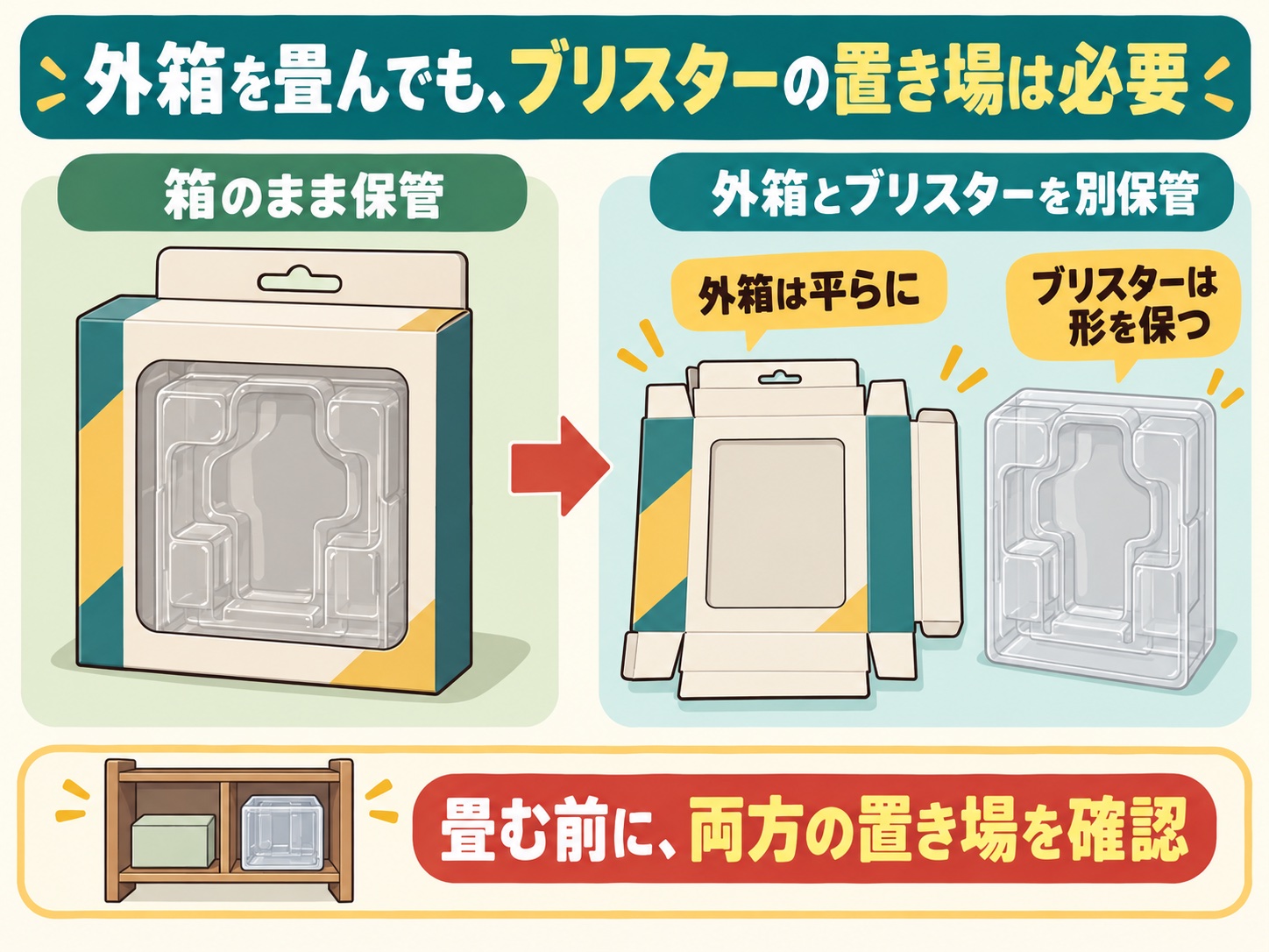 外箱を畳んで別保管しても、ブリスターは元の形を保って置き場を確保する保管方法の図解