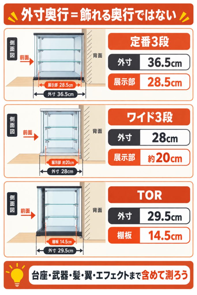 不二貿易コレクションケースの外寸奥行と展示部・棚板奥行の違い