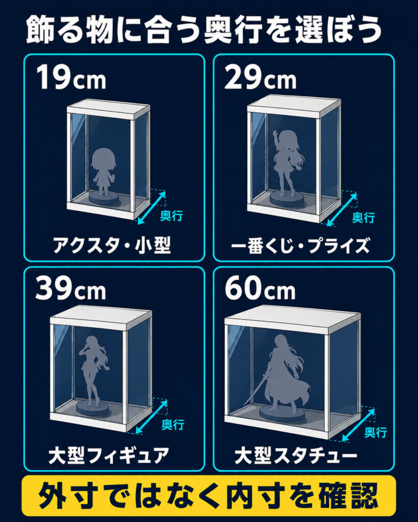 JAJANフィギュアケースの奥行19cm・29cm・39cm・60cmの比較