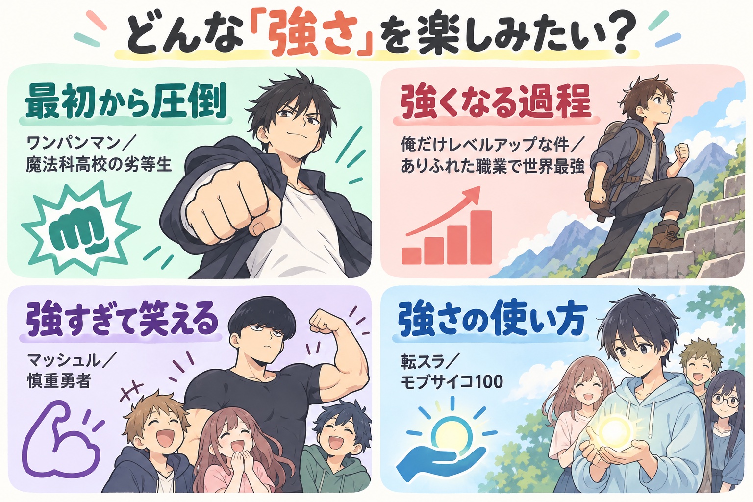 圧倒的な強さ、成長、笑い、強さの使い方から主人公最強アニメを選ぶ図解